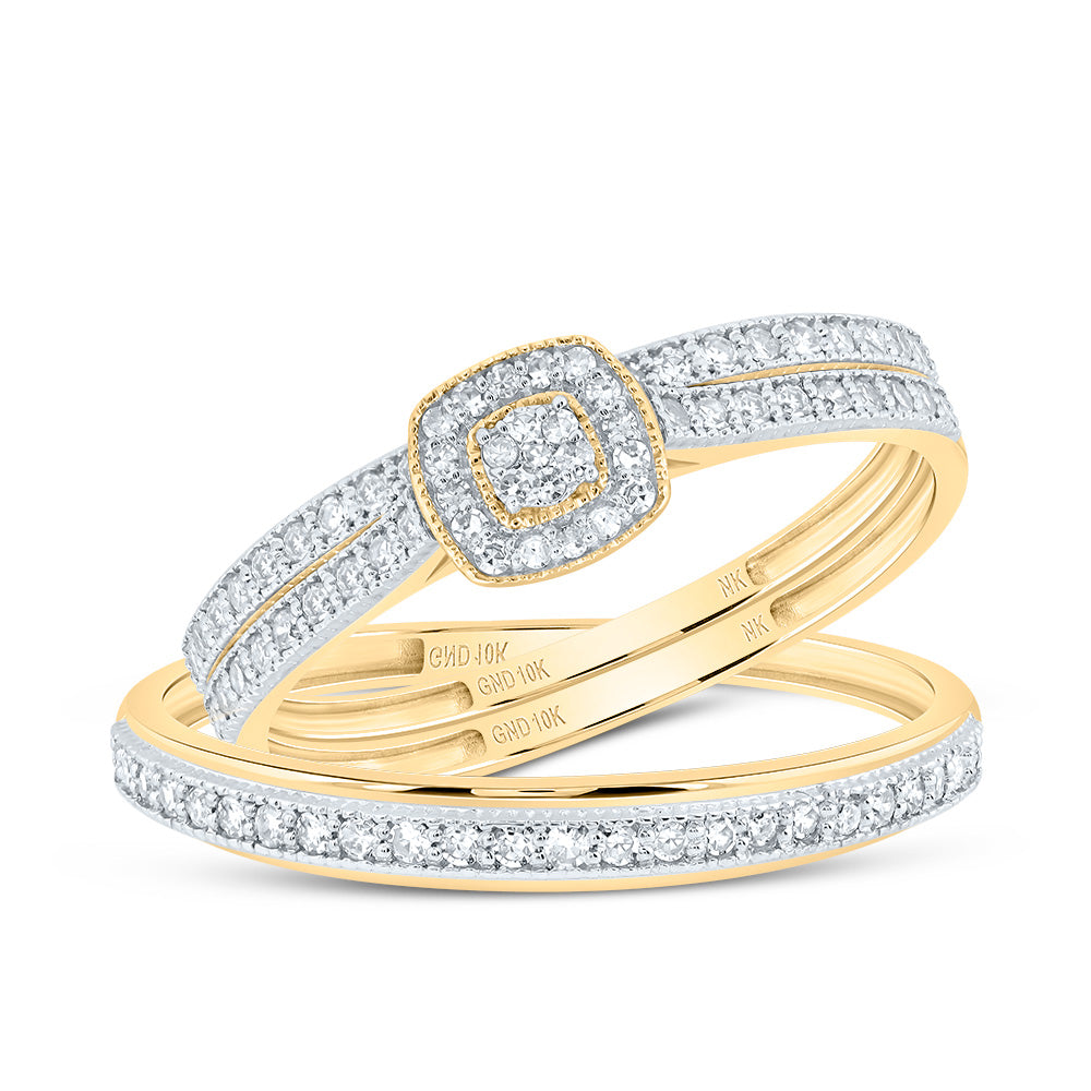 10kt Yellow Gold His & Hers 1/2 Cttw Diamond Cushion Bridal Wedding Ring Band Set, Women Size: 5-9, Men Size: 8-12