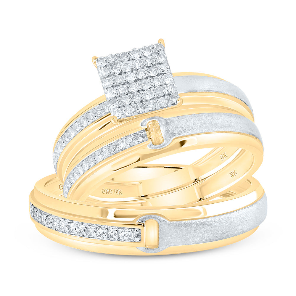 10kt Yellow Gold His & Hers 1/3 Cttw Diamond Square Bridal Wedding Ring Band Set, Women Size: 5-9, Men Size: 8-12