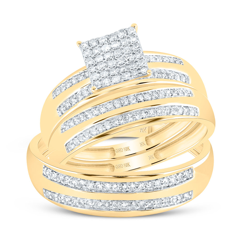 10kt Yellow Gold His & Hers 1/2 Cttw Natural Diamond Square Bridal Wedding Ring Band Set, Women Size: 5-9, Men Size: 8-12