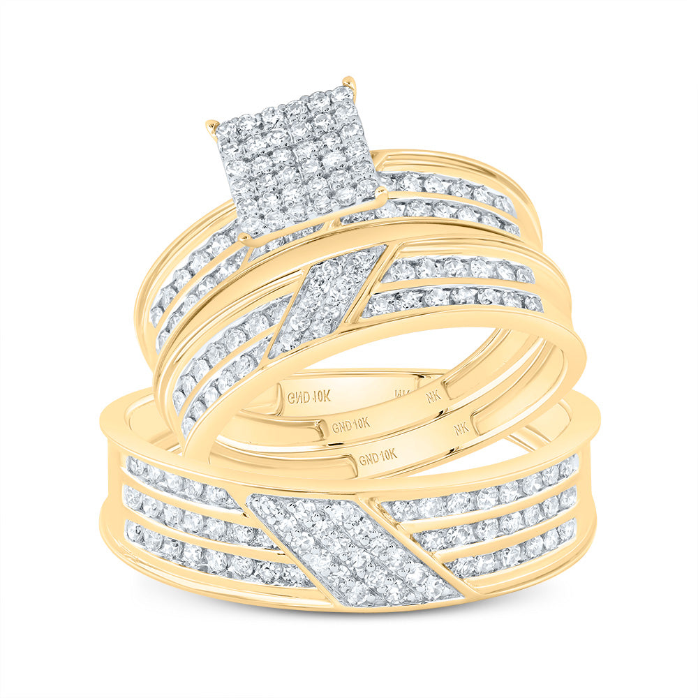 10kt Yellow Gold His & Hers 7/8 Cttw Diamond Square Bridal Wedding Ring Band Set, Women Size: 5-9, Men Size: 8-12