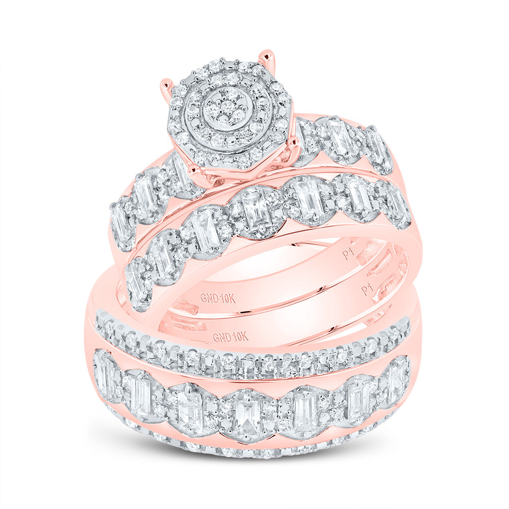 10kt Rose Gold His & Hers 3/4 Cttw Diamond Round Trio Ring, Women Size: 5-9, Men Size: 8-12