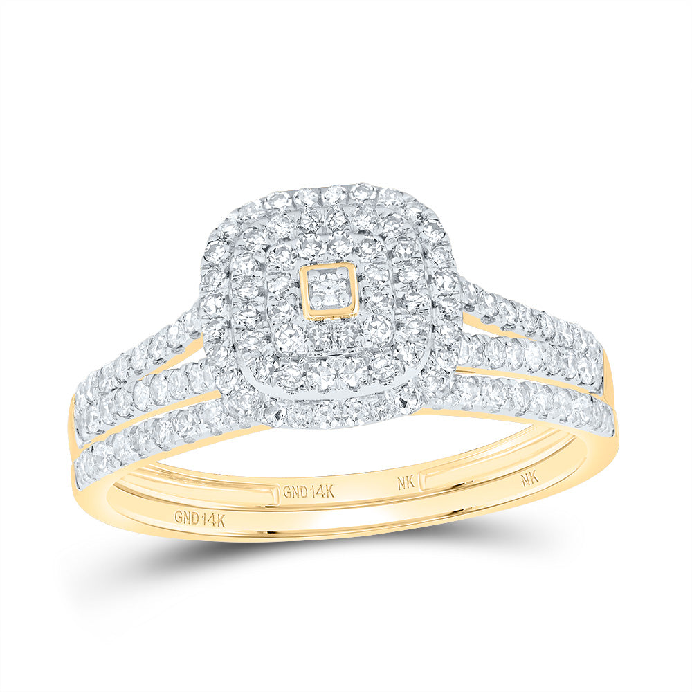 14kt Yellow Gold 1/2 Cttw Diamond Cushion Double Halo Wedding Engagement Anniversary Bridal Set, Women Size: 5-9