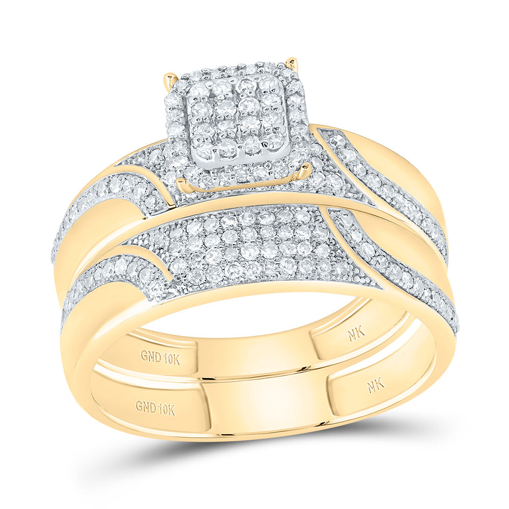 10kt Yellow Gold His & Hers 5/8 Cttw Diamond Ascher Bridal Wedding Ring Band Set, Women Size: 5-9, Men Size: 8-12