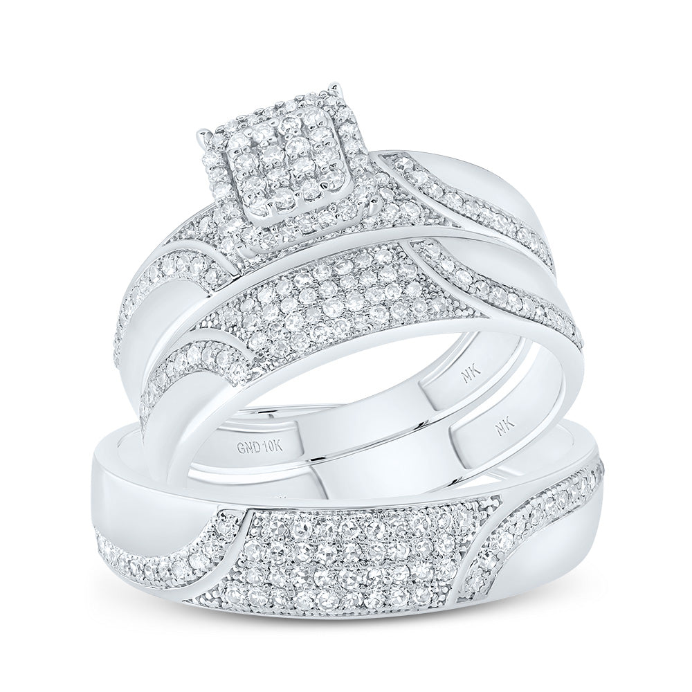 10kt White Gold His & Hers 5/8 Cttw Diamond Ascher Bridal Wedding Ring Band Set, Women Size: 5-9, Men Size: 8-12