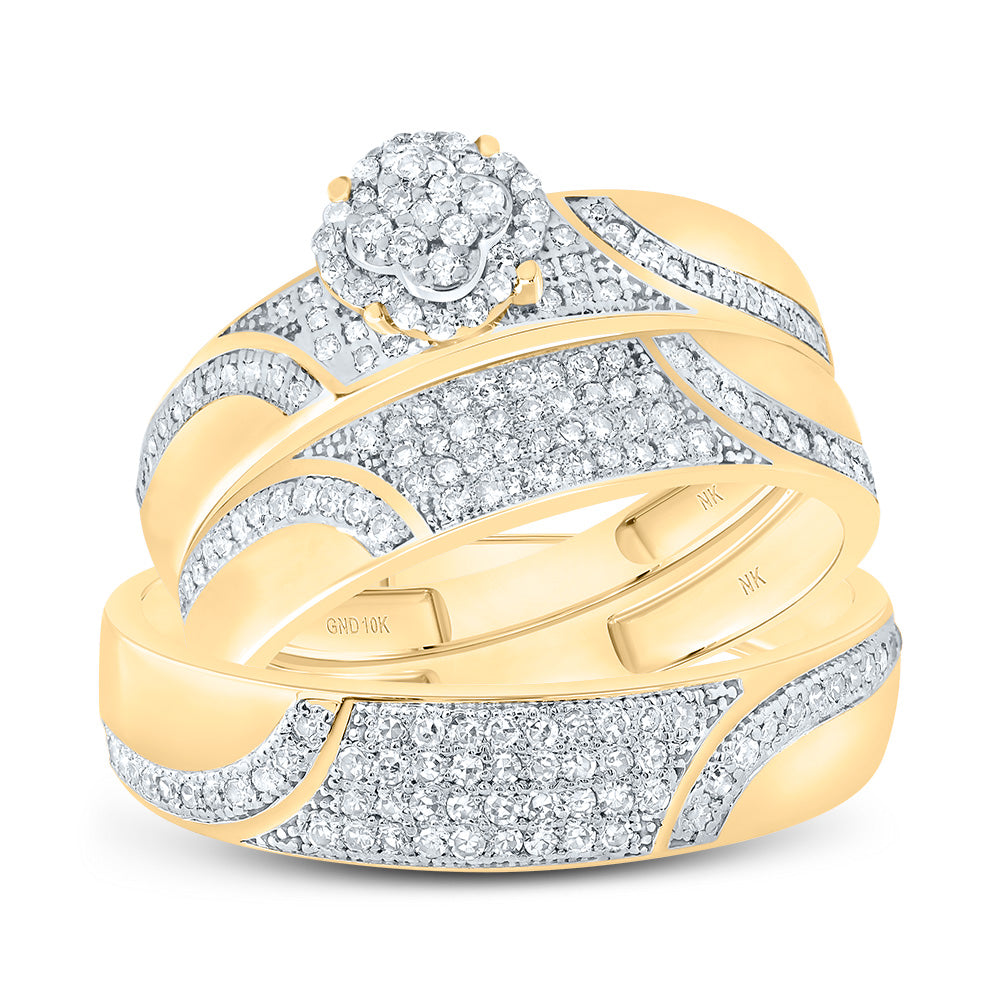 10kt Yellow Gold His & Hers 1/2 Cttw Diamond Clover Bridal Wedding Ring Band Set, Women Size: 5-9, Men Size: 8-12