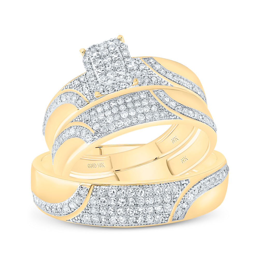 10kt Yellow Gold His & Hers 5/8 Cttw Diamond Emerald Bridal Wedding Ring Band Set, Women Size: 5-9, Men Size: 8-12