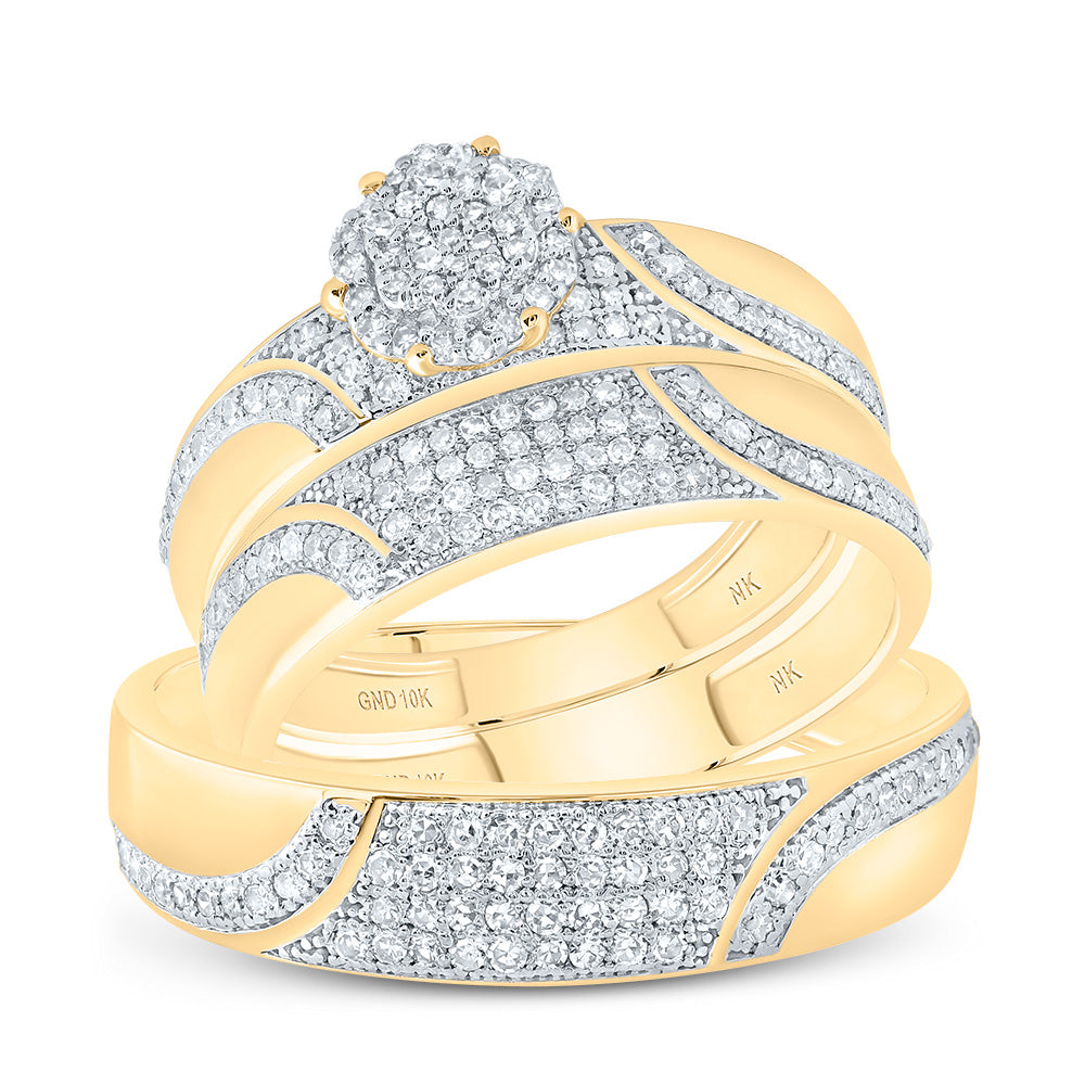 10kt Yellow Gold His & Hers 1/2 Cttw Diamond Flower Bridal Wedding Ring Band Set, Women Size: 5-9, Men Size: 8-12