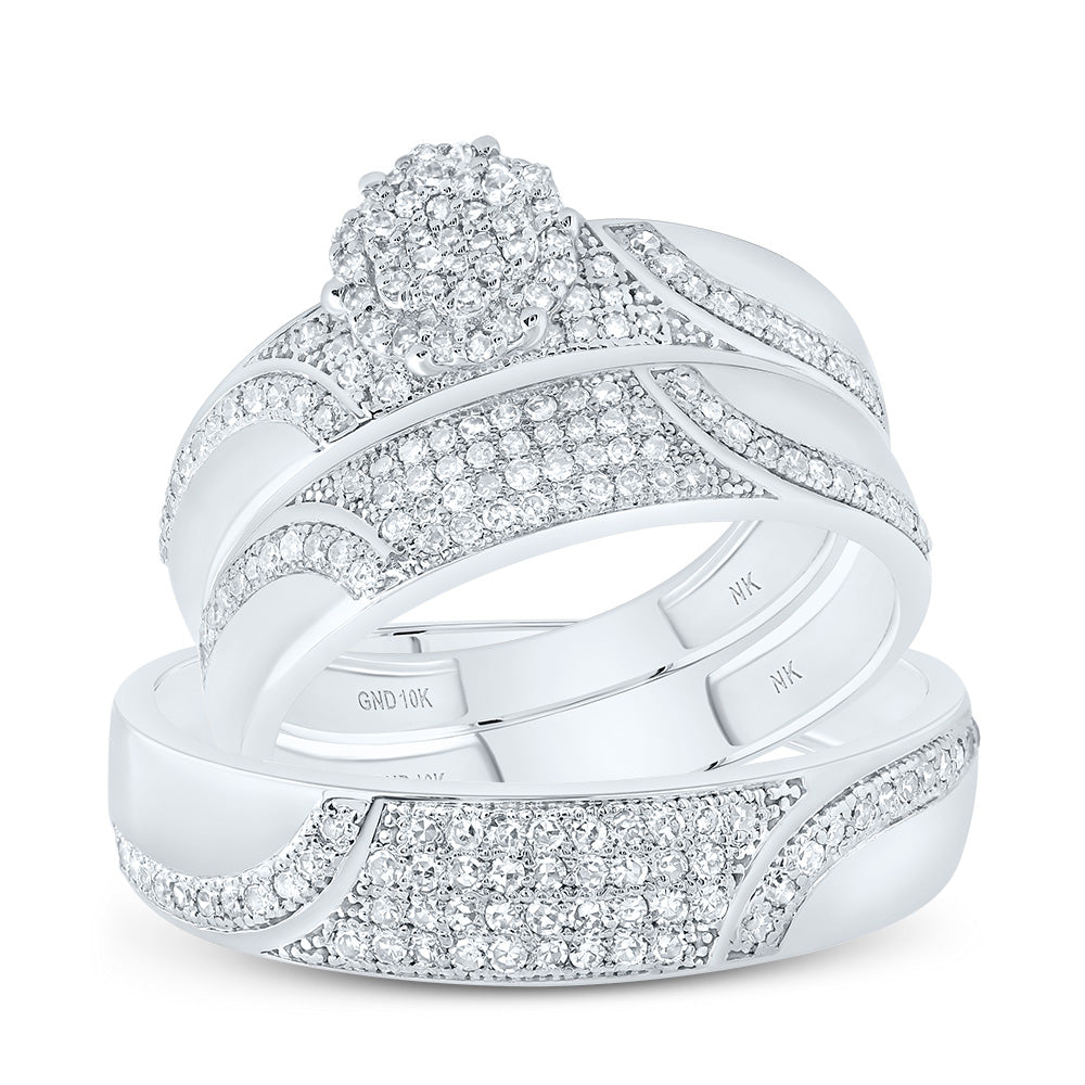 10kt White Gold His & Hers 1/2 Cttw Diamond Flower Bridal Wedding Ring Band Set, Women Size: 5-9, Men Size: 8-12