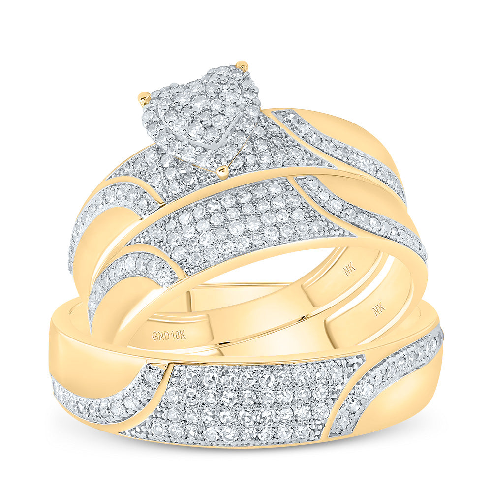 10kt Yellow Gold His & Hers 1/2 Cttw Natural Diamond Heart Bridal Wedding Ring Band Set, Women Size: 5-9, Men Size: 8-12