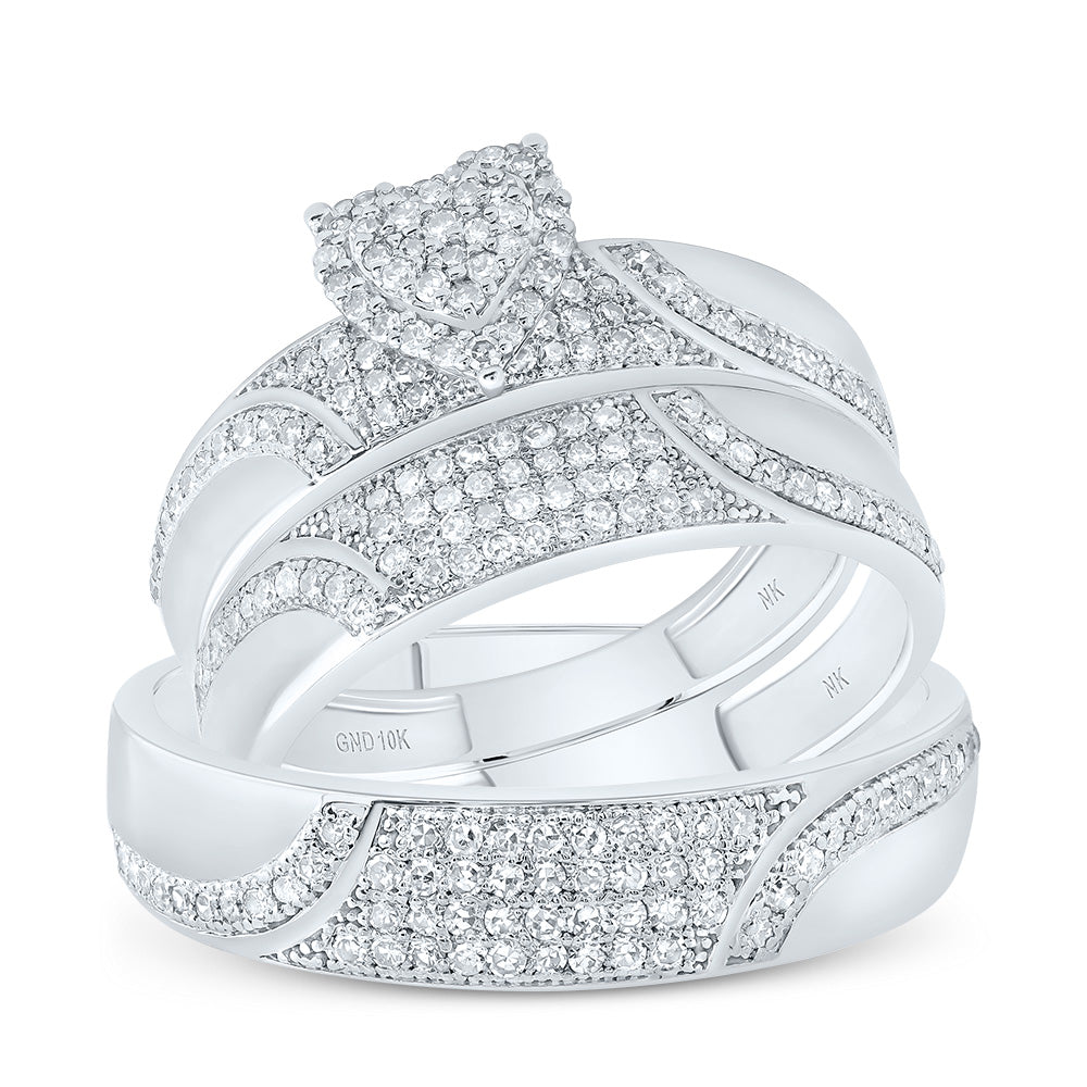10kt White Gold His & Hers 1/2 Cttw Natural Diamond Heart Bridal Wedding Ring Band Set, Women Size: 5-9, Men Size: 8-12