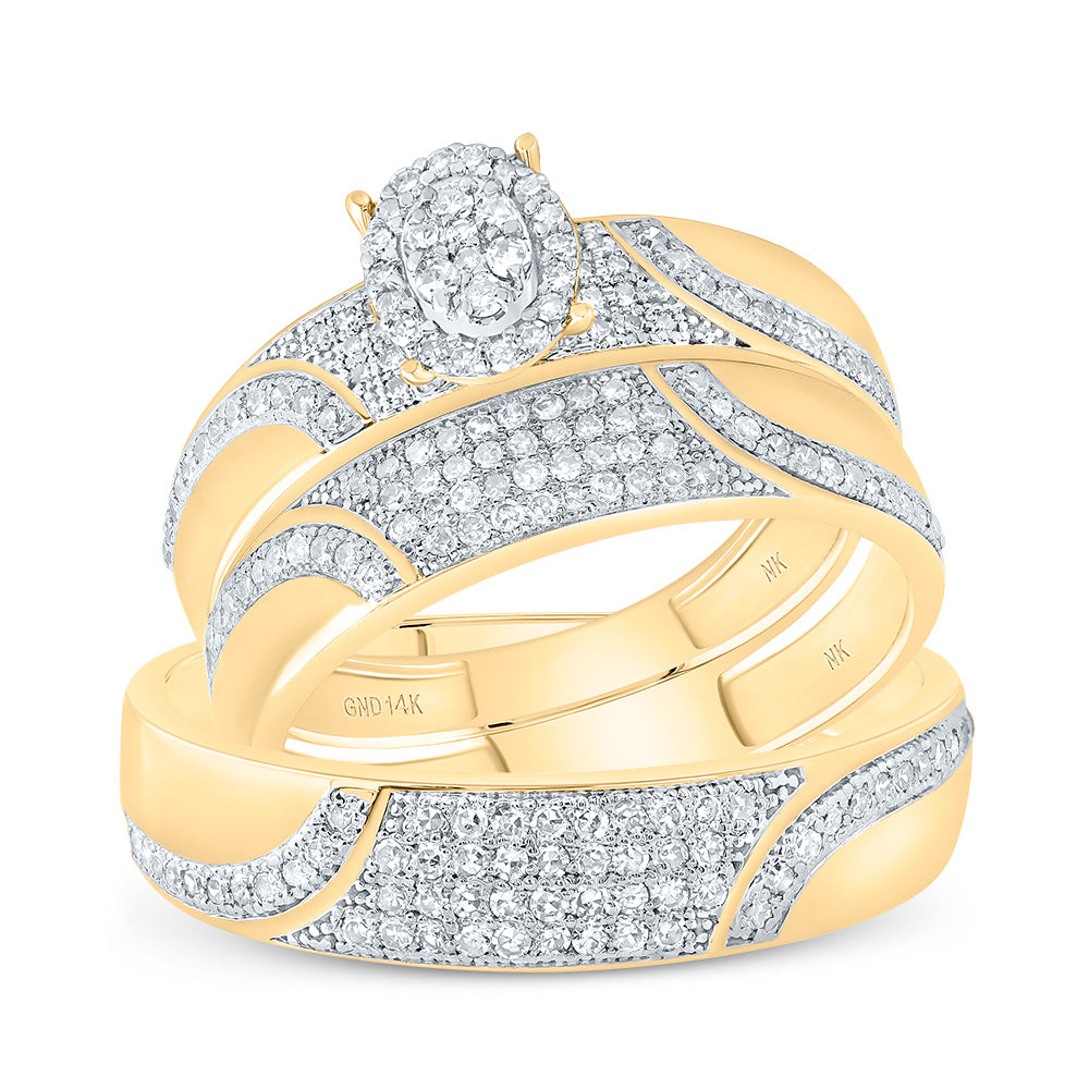 10kt Yellow Gold His & Hers 3/4 Cttw Diamond Oval Bridal Wedding Ring Band Set, Women Size: 5-9, Men Size: 8-12