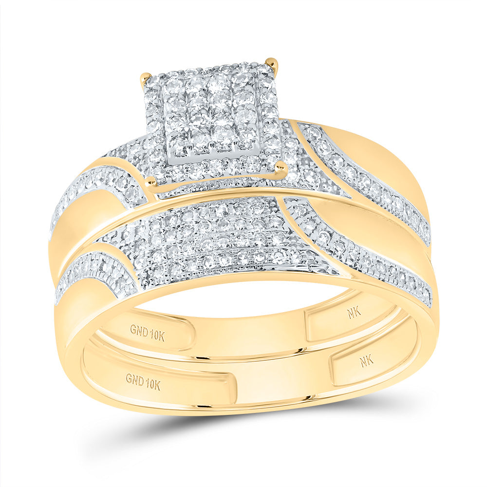 10kt Yellow Gold His & Hers 3/4 Cttw Diamond Square Bridal Wedding Ring Band Set, Women Size: 5-9, Men Size: 8-12