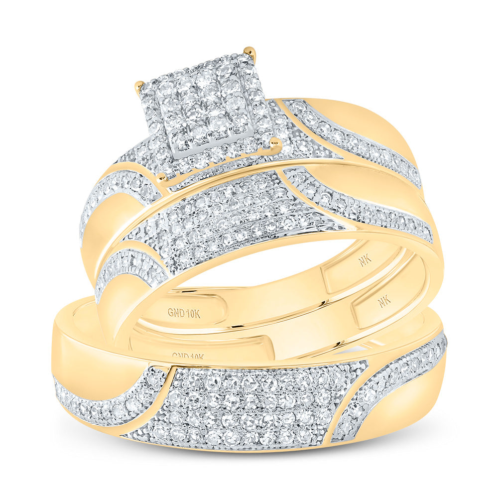 10kt Yellow Gold His & Hers 3/4 Cttw Diamond Square Bridal Wedding Ring Band Set, Women Size: 5-9, Men Size: 8-12