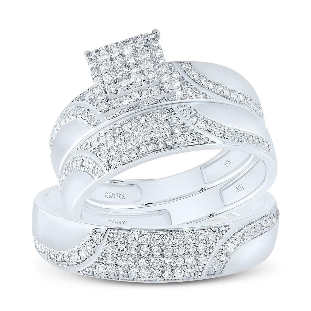 10kt White Gold His & Hers 3/4 Cttw Diamond Square Bridal Wedding Ring Band Set, Women Size: 5-9, Men Size: 8-12