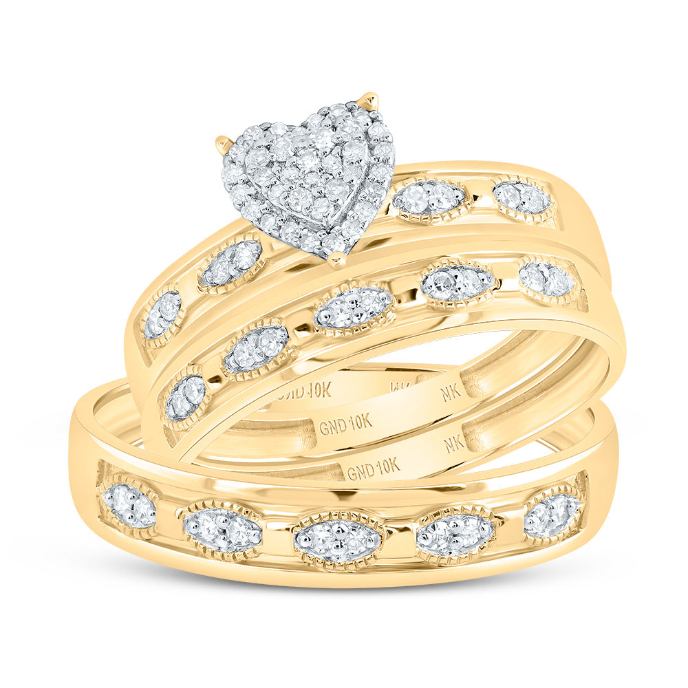 10kt Yellow Gold His & Hers 1/4 Cttw Natural Diamond Heart Bridal Wedding Ring Band Set, Women Size: 5-9, Men Size: 8-12