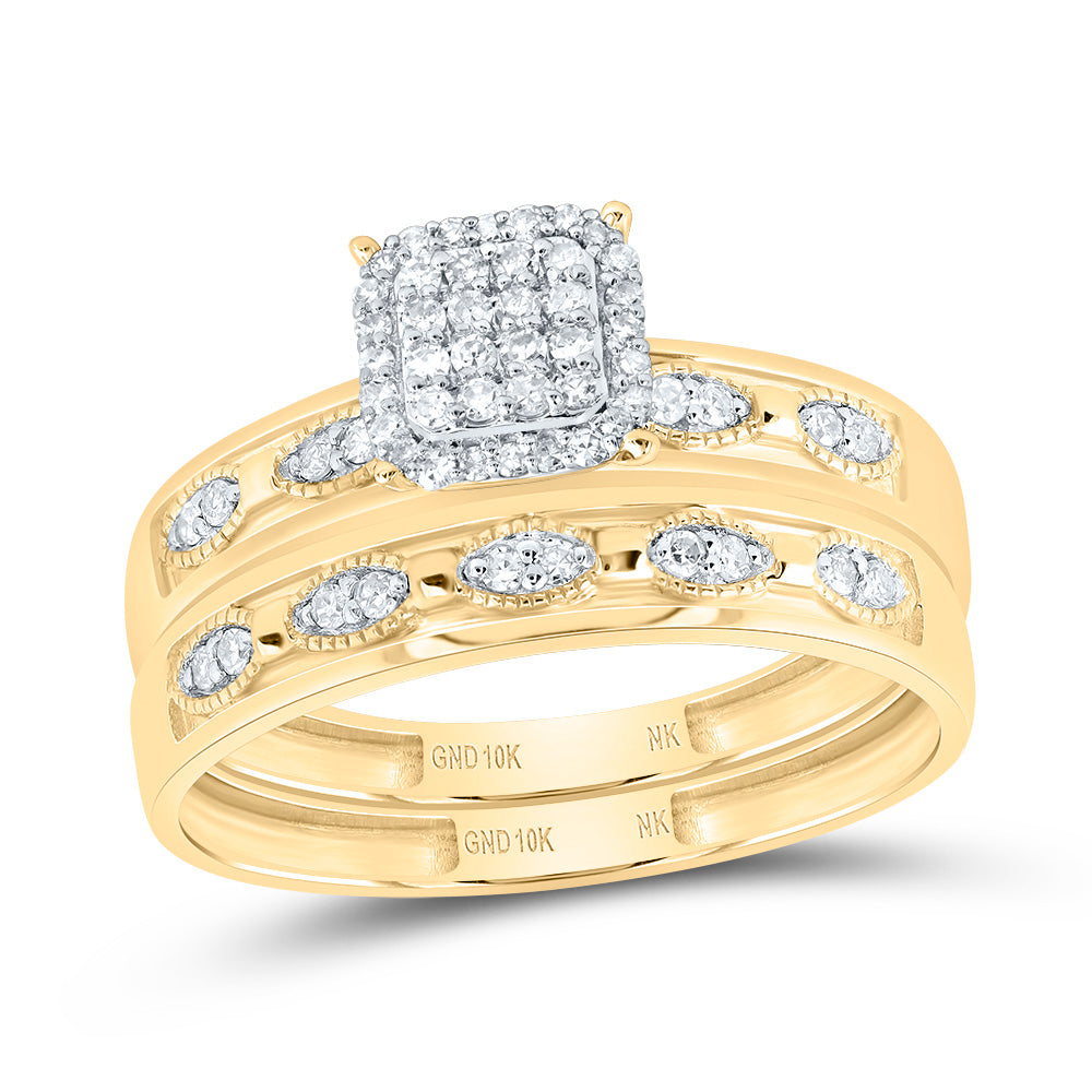 10kt Yellow Gold His & Hers 1/3 Cttw Diamond Ascher Bridal Wedding Ring Band Set, Women Size: 5-9, Men Size: 8-12