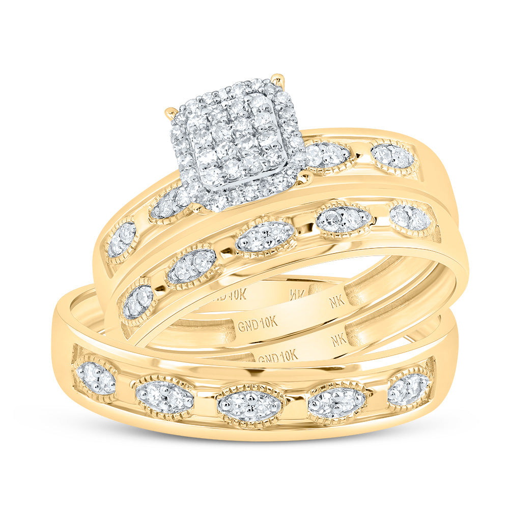 10kt Yellow Gold His & Hers 1/3 Cttw Diamond Ascher Bridal Wedding Ring Band Set, Women Size: 5-9, Men Size: 8-12