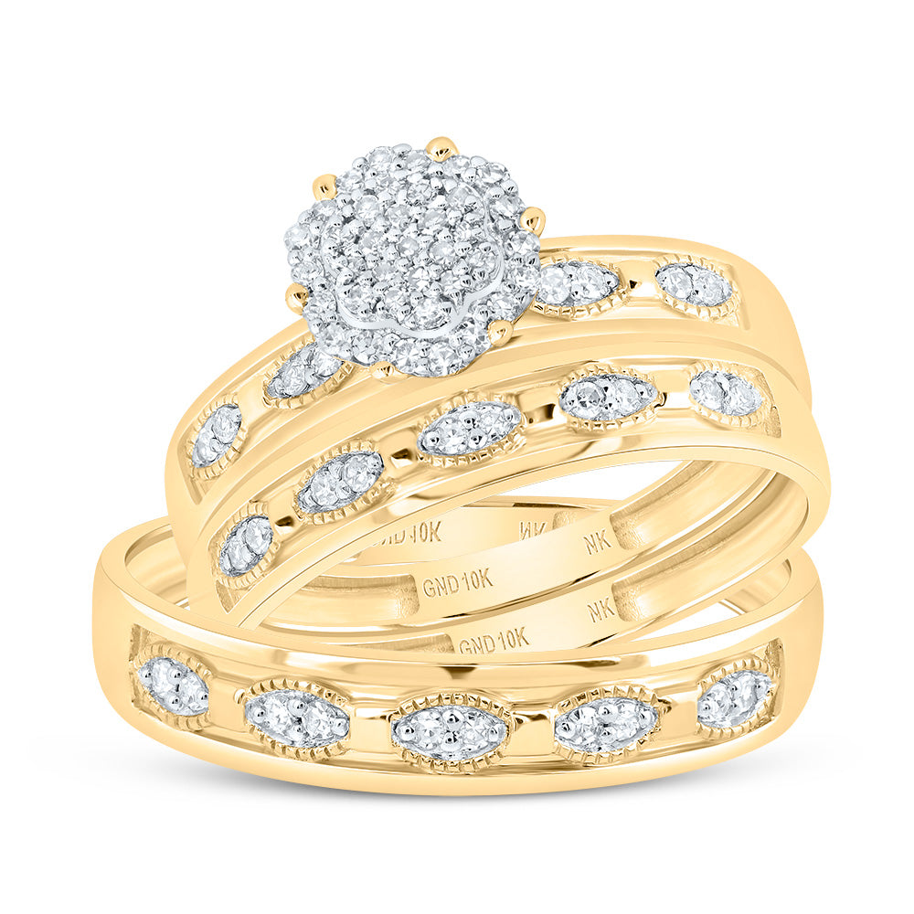 10kt Yellow Gold His & Hers 1/4 Cttw Diamond Flower Bridal Wedding Ring Band Set, Women Size: 5-9, Men Size: 8-12
