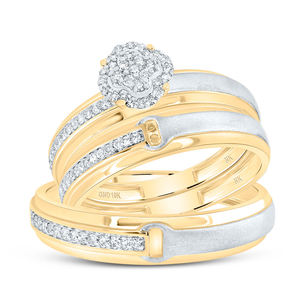 10kt Yellow Gold His & Hers 1/3 Cttw Diamond Clover Bridal Wedding Ring Band Set, Women Size: 5-9, Men Size: 8-12