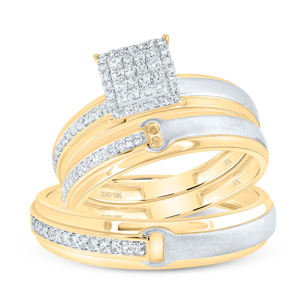 10K Yellow Gold 1/3 Ctw Natural Diamond Square Trio Set, Womens Size: 5-9, Mens Size: 8-12