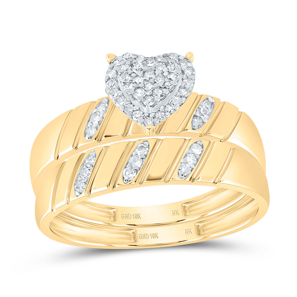 10kt Yellow Gold His & Hers 1/4 Cttw Natural Diamond Heart Bridal Wedding Ring Band Set, Women Size: 5-9, Men Size: 8-12