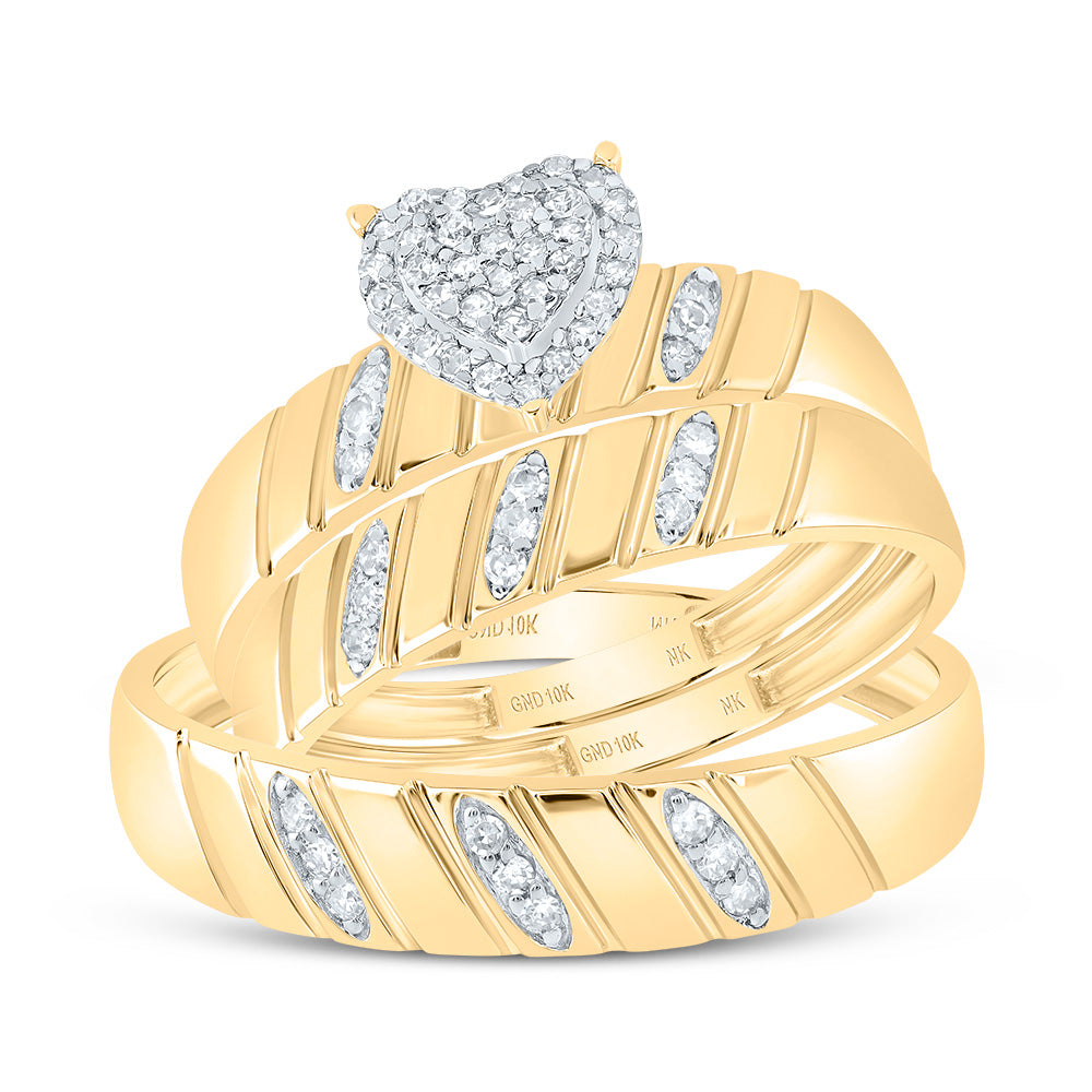 10kt Yellow Gold His & Hers 1/4 Cttw Natural Diamond Heart Bridal Wedding Ring Band Set, Women Size: 5-9, Men Size: 8-12