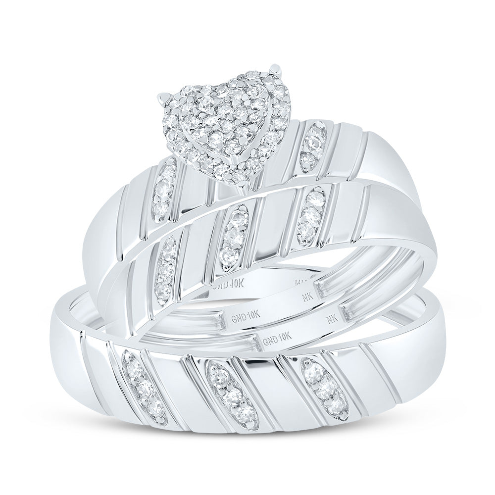 10kt White Gold His & Hers 1/4 Cttw Natural Diamond Heart Bridal Wedding Ring Band Set, Women Size: 5-9, Men Size: 8-12