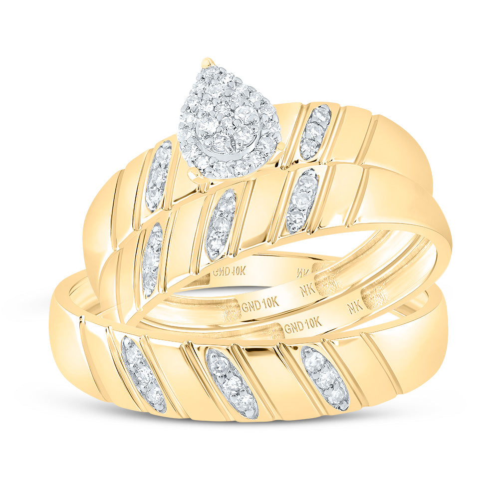 10kt Yellow Gold His & Hers 1/5 Cttw Diamond Pear Bridal Wedding Ring Band Set, Women Size: 5-9, Men Size: 8-12