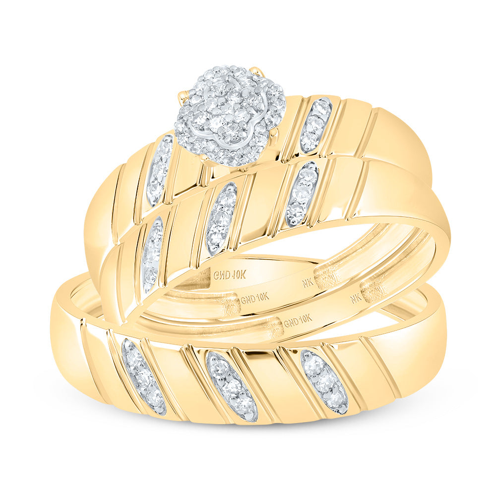 10kt Yellow Gold His & Hers 1/5 Cttw Diamond Clover Bridal Wedding Ring Band Set, Women Size: 5-9, Men Size: 8-12