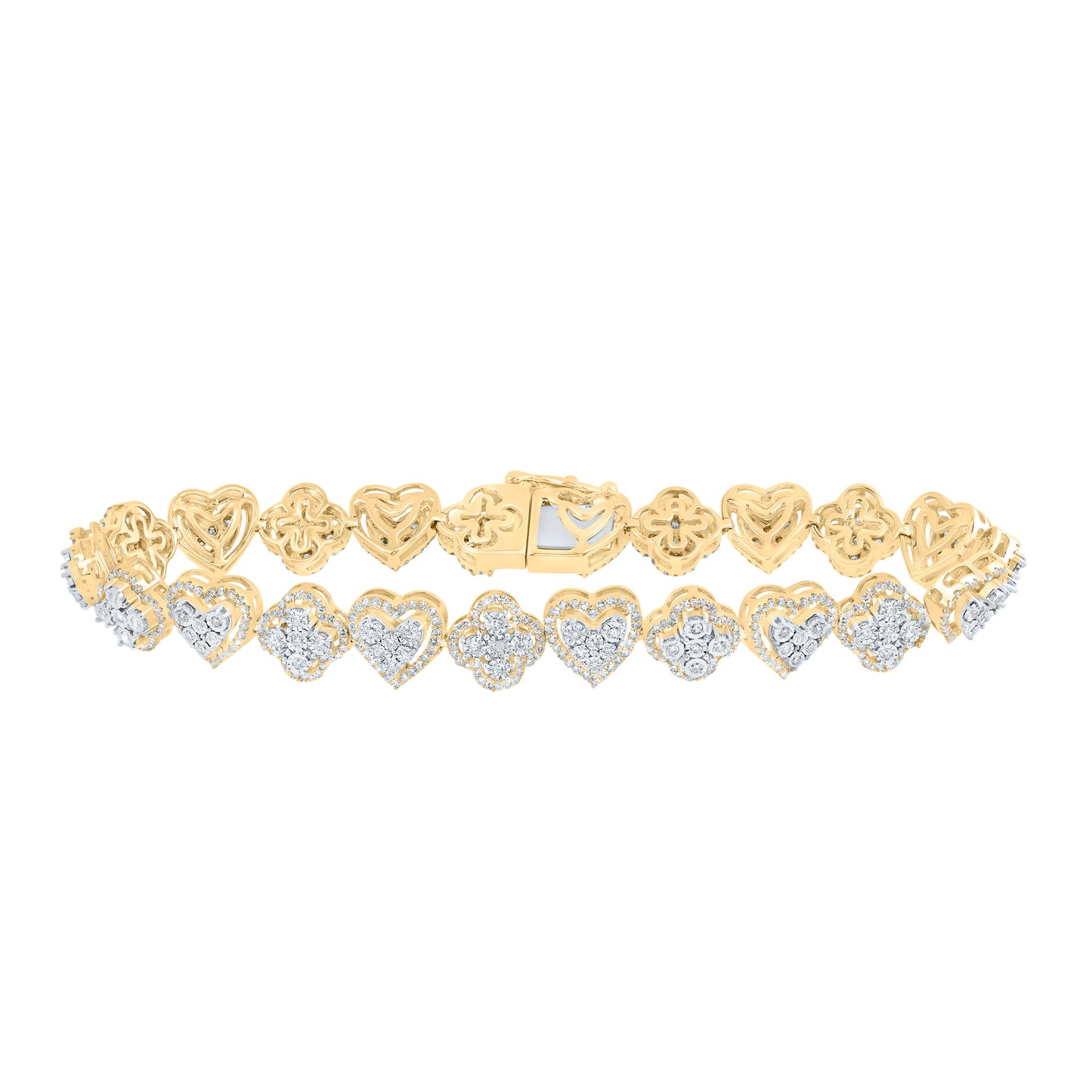 10kt Yellow Gold 2 Cttw Natural Diamond Clover Heart Ladies Bracelet, Length: 7 Inch