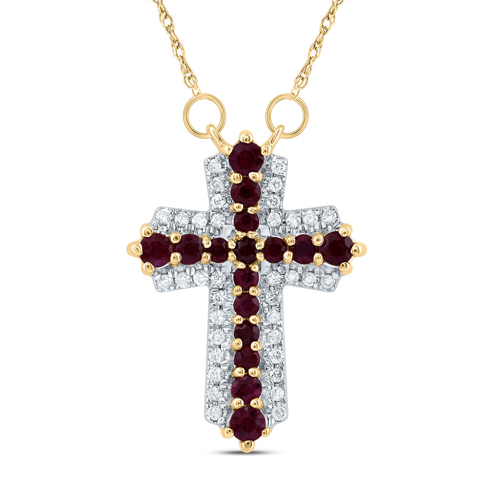 14kt Yellow Gold 1/8 Cttw Diamond and 1/2 Cttw Round Ruby Natural Gem Cross Necklace, Length: 18 Inch