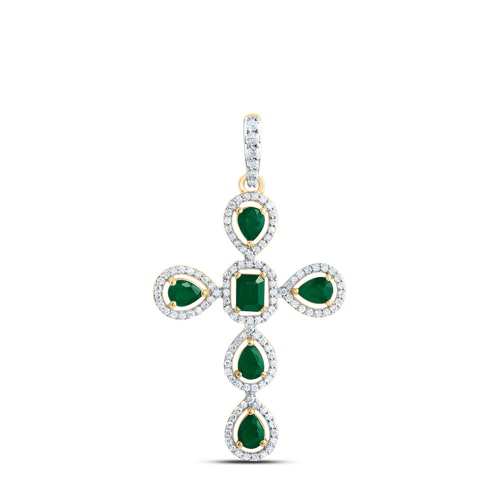 14kt Yellow Gold 1/3 Cttw Diamond and 1 Cttw Pear em, 4x3mm-em-em, Natural Gem Cross Pendant