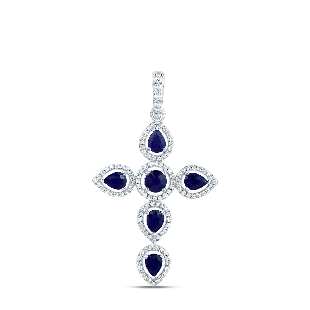 14kt White Gold 1/3 Cttw Diamond and 1 Cttw Pear Blue Sapphire, 4mm Round Blue Sapphire, Natural Gem Cross Pendant