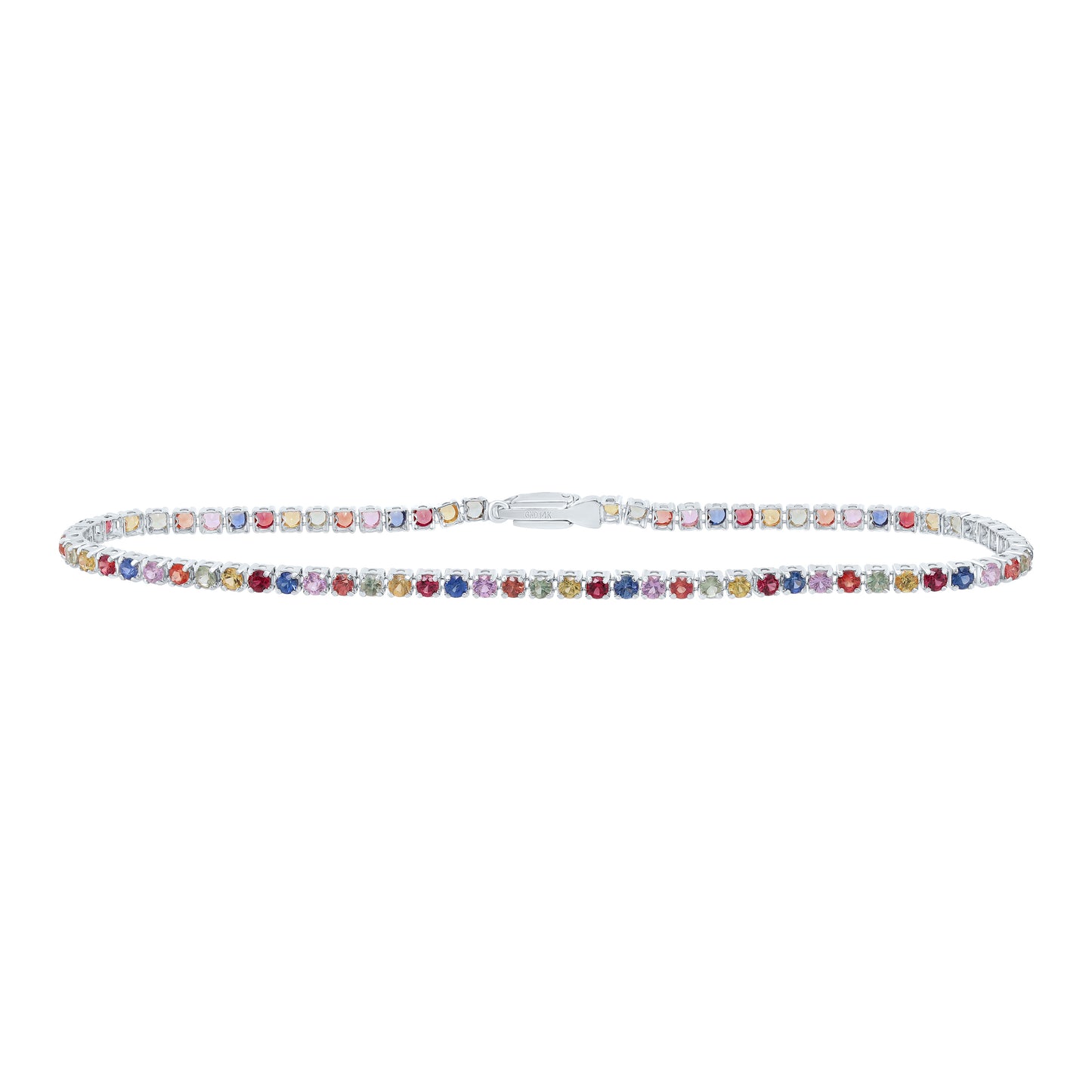14kt White Gold 3 Cttw Round Natural Gem Multicolor Sapphire Tennis Bracelet, Length: 7 Inch