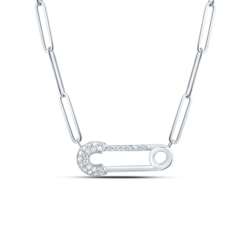 10kt White Gold 1/8 Cttw Diamond Fashion Safety Pin Necklace, Length: 18 Inch