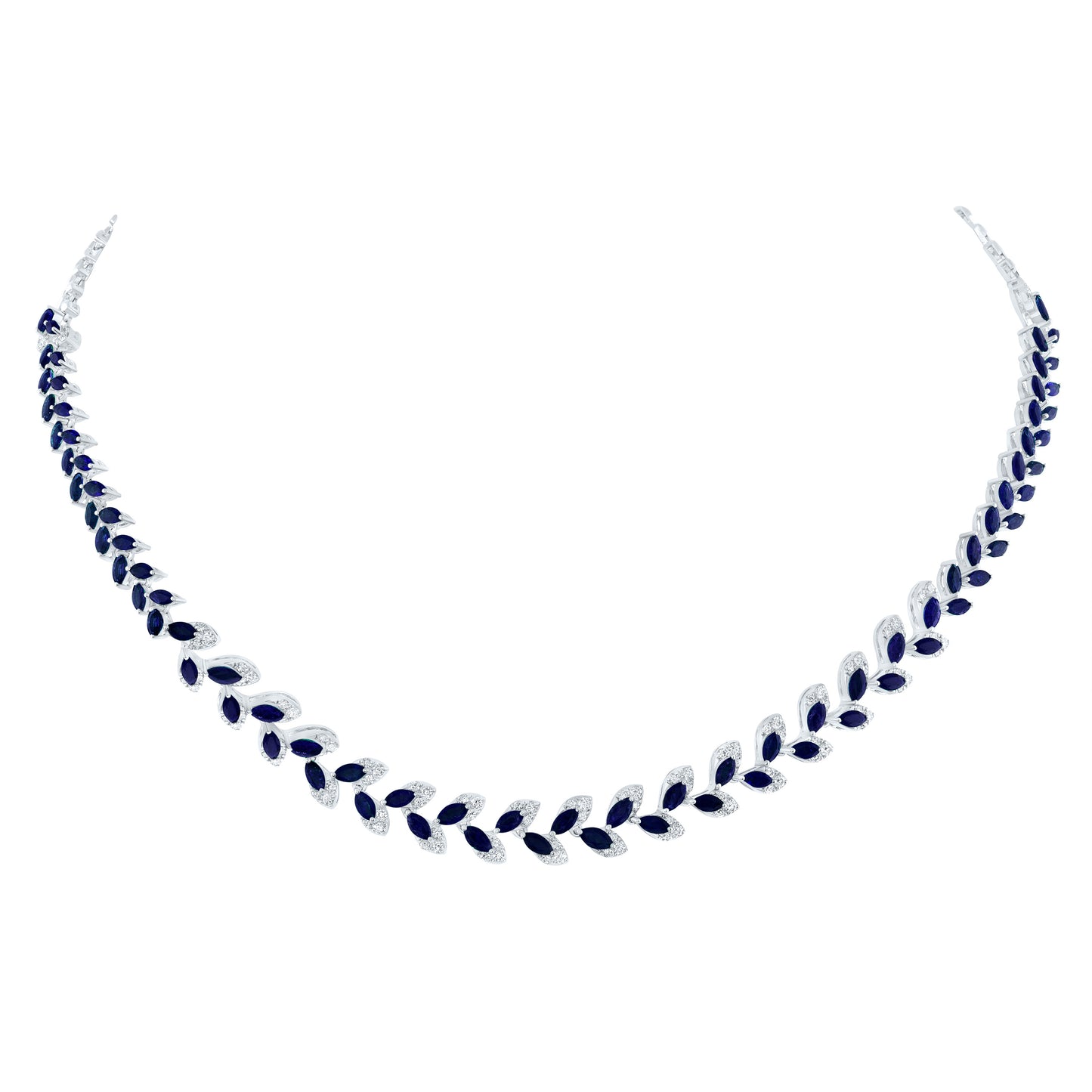 14kt White Gold 1 1/4 Cttw Natural Diamond Ana M 7 5/8 Cttw-Marquise Blue Sapphire Natural Gem Fashion Necklace, Length: 16 Inch