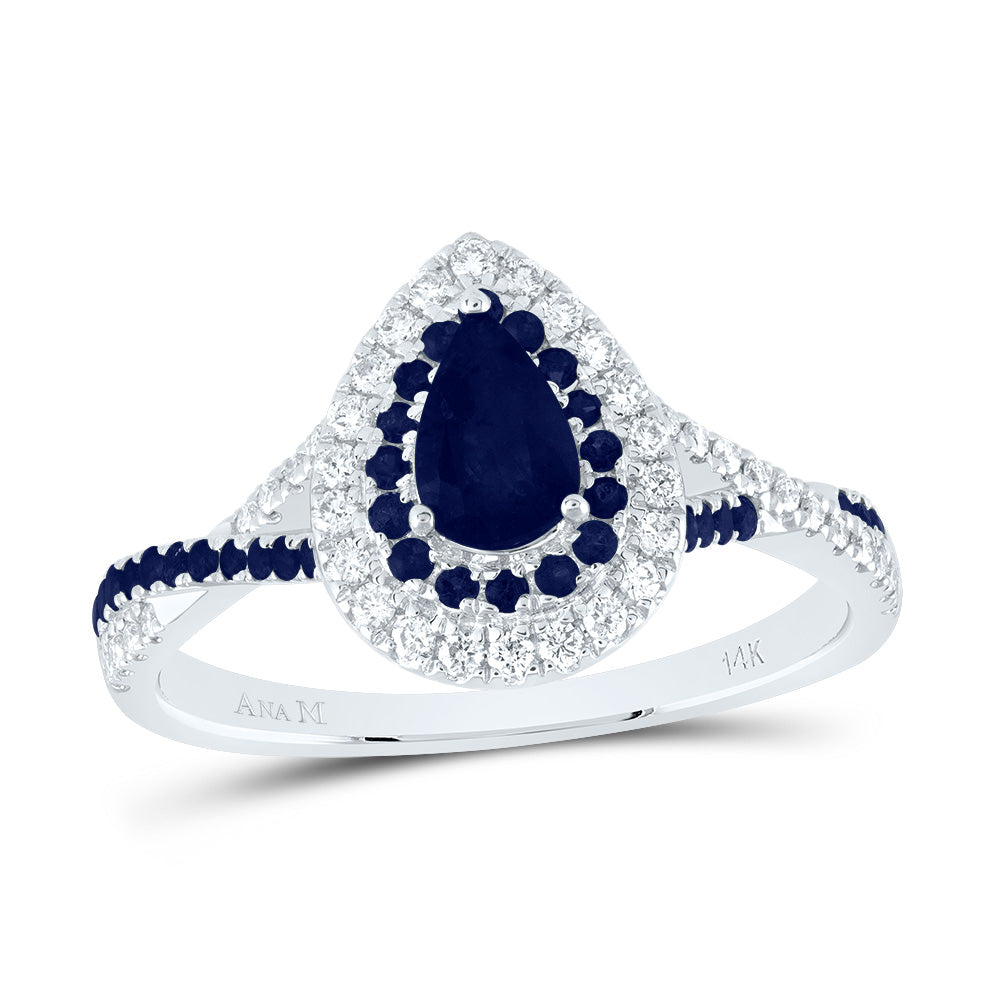 14kt White Gold 1/5 Cttw Diamond Ana M and 1/5 Cttw Round Blue Sapphire 6x4mm Pear Blue Sapphire Natural Gem Double Halo Wedding Engagement Anniversary Bridal Ring, Women Size: 5-9