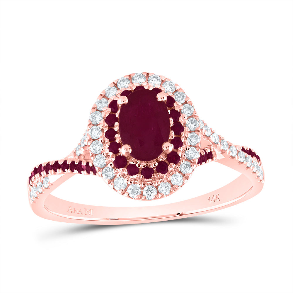 14kt Rose Gold 1/5 Cttw Diamond Ana M and 1/5 Cttw Round Ruby 6x4mm Oval Ruby Natural Gem Double Halo Wedding Engagement Anniversary Bridal Ring, Women Size: 5-9