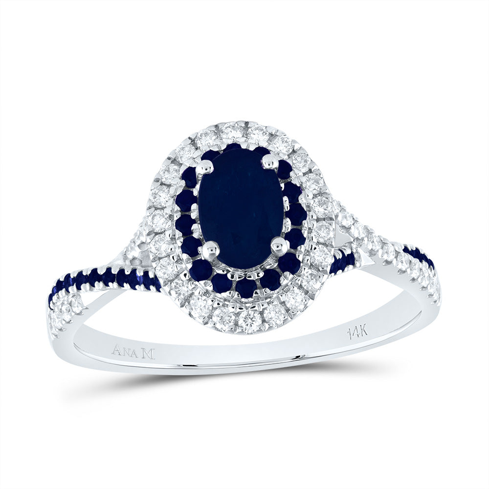 14kt White Gold 1/5 Cttw Diamond Ana M and 1/5 Cttw Round Blue Sapphire 6x4mm Oval Blue Sapphire Natural Gem Double Halo Wedding Engagement Anniversary Bridal Ring, Women Size: 5-9