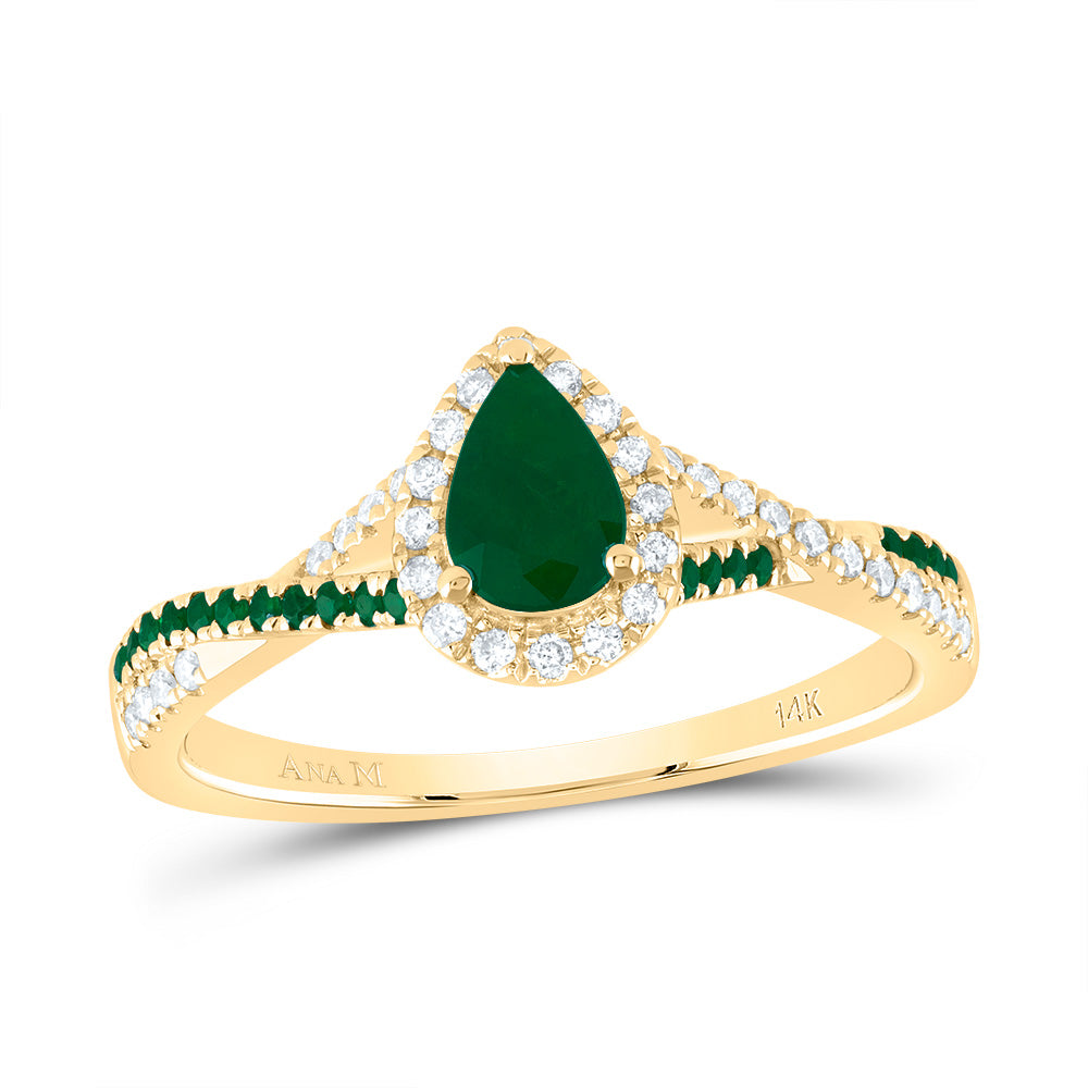 14kt Yellow Gold 1/8 Cttw Diamond Ana M and 1/10 Cttw Round Emerald 6x4mm Pear Emerald Natural Gem Single Halo Wedding Engagement Anniversary Bridal Ring, Women Size: 5-9