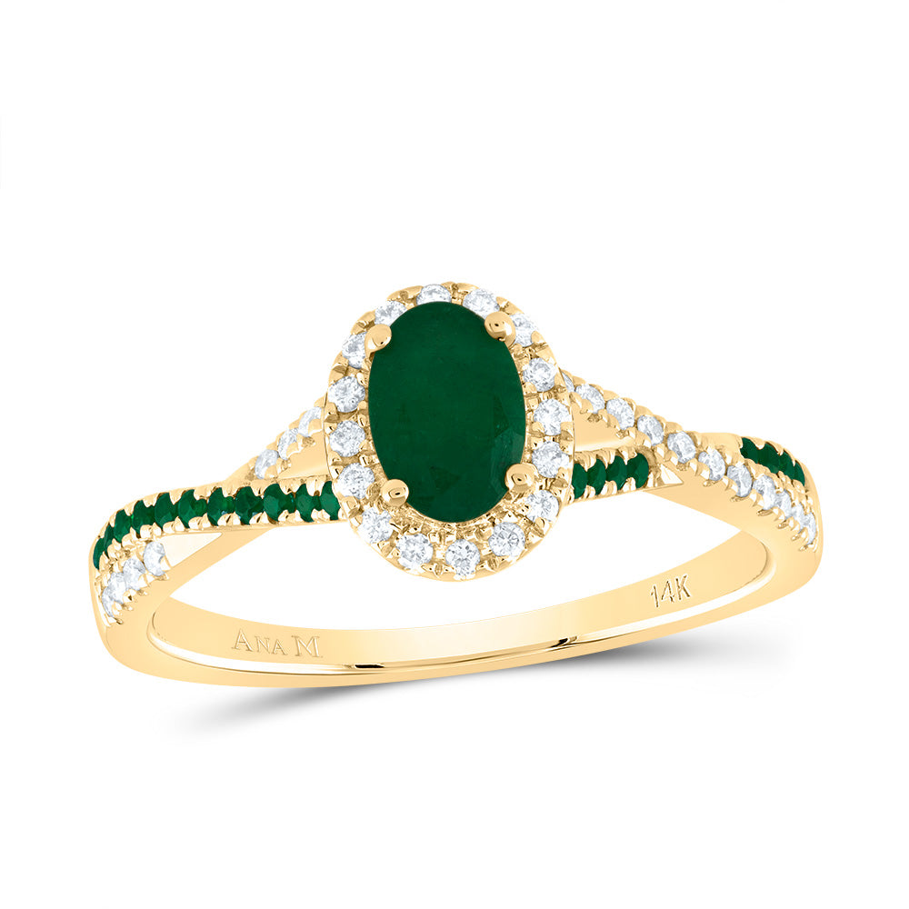14kt Yellow Gold 1/8 Cttw Diamond Ana M and 1/10 Cttw Round Emerald 6x4mm Oval Emerald Natural Gem Single Halo Wedding Engagement Anniversary Bridal Ring, Women Size: 5-9