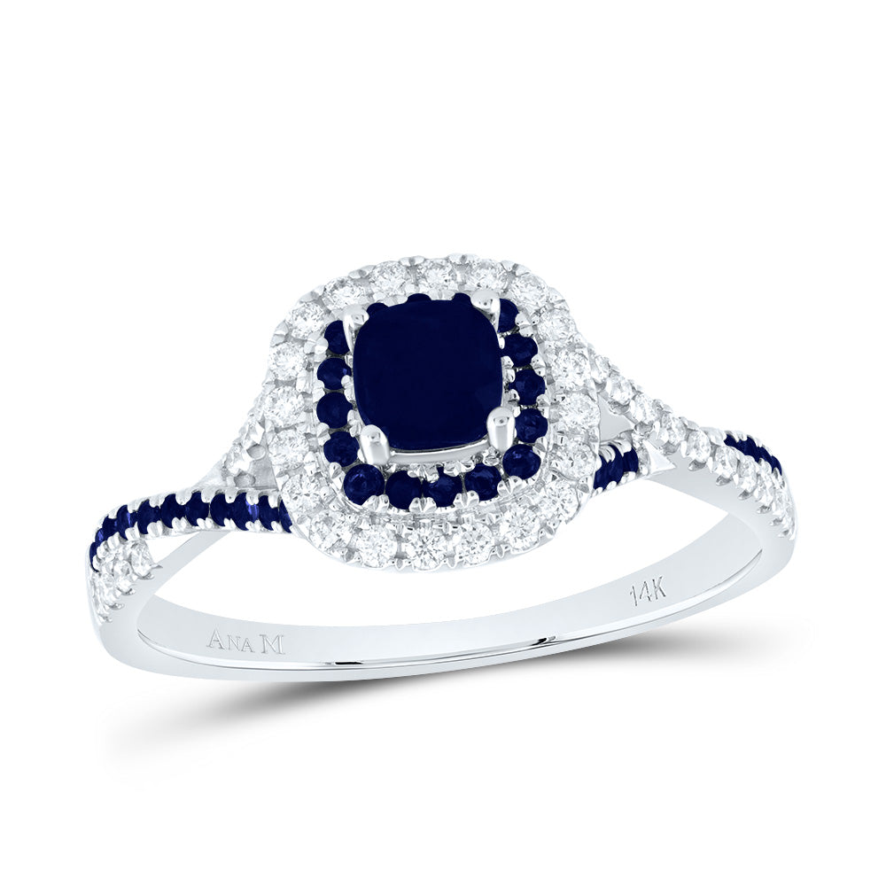 14kt White Gold 1/5 Cttw Diamond Ana M and 1/5 Cttw Round Blue Sapphire 4mm Cushion Blue Sapphire Natural Gem Double Halo Wedding Engagement Anniversary Bridal Ring, Women Size: 5-9