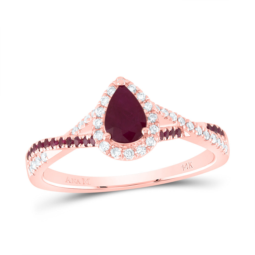 14K Rose Gold 1/8Ctw Natural Diamond Ana M 1/10Ctw Round Ruby 6X4Mm Pear Ruby Natural Gem Single Halo Bridal Ring