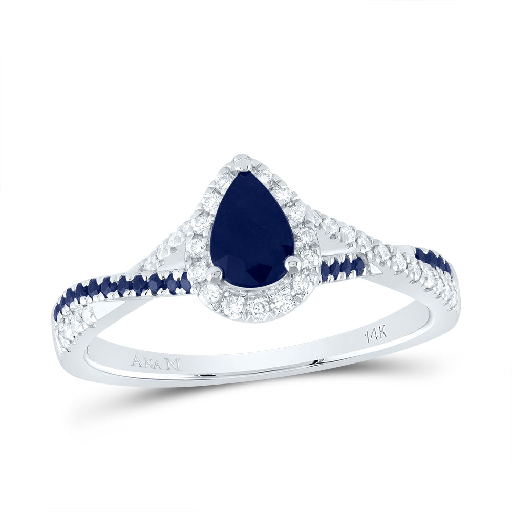 14kt White Gold 1/8 Cttw Diamond Ana M and 1/10 Cttw Round Blue Sapphire 6x4mm Pear Blue Sapphire Natural Gem Single Halo Wedding Engagement Anniversary Bridal Ring, Women Size: 5-9