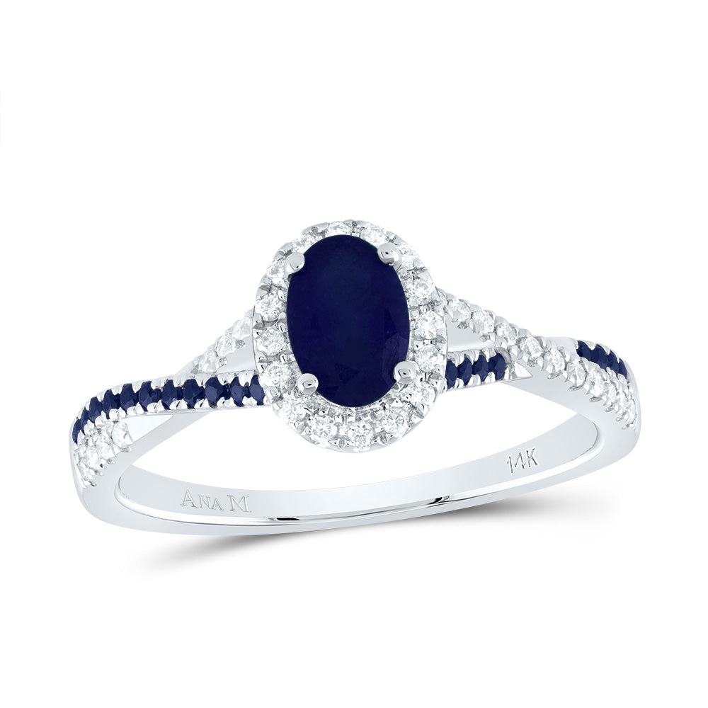 14kt White Gold 1/8 Cttw Diamond Ana M and 1/8 Cttw Round Blue Sapphire 6x4mm Oval Blue Sapphire Natural Gem Single Halo Wedding Engagement Anniversary Bridal Ring, Women Size: 5-9