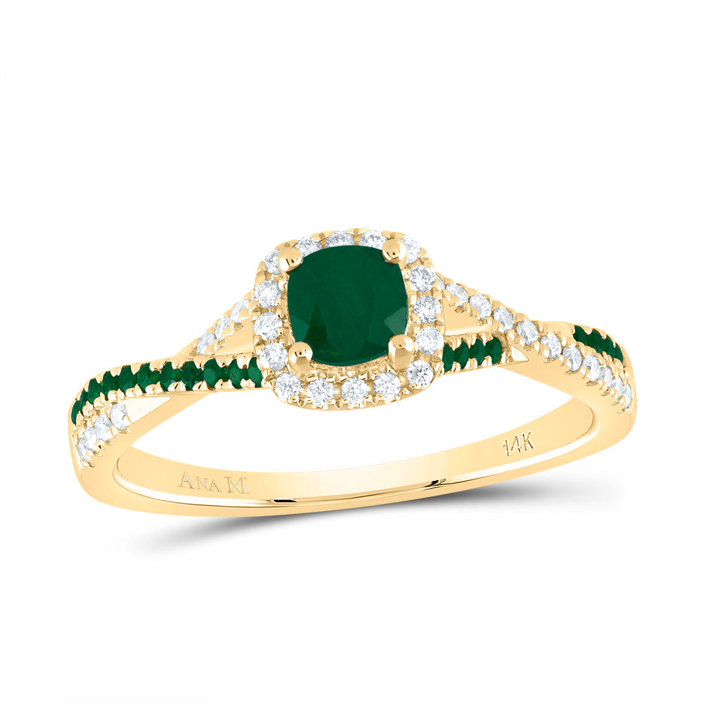 14kt Yellow Gold 1/8 Cttw Diamond Ana M and 1/20 Cttw Round Emerald 4mm Cushion Emerald Natural Gem Single Halo Wedding Engagement Anniversary Bridal Ring, Women Size: 5-9