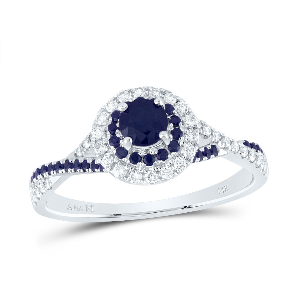 14kt White Gold 1/5 Cttw Diamond Ana M and 1/5 Cttw Round Blue Sapphire 4mm Round Blue Sapphire Natural Gem Double Halo Wedding Engagement Anniversary Bridal Ring, Women Size: 5-9