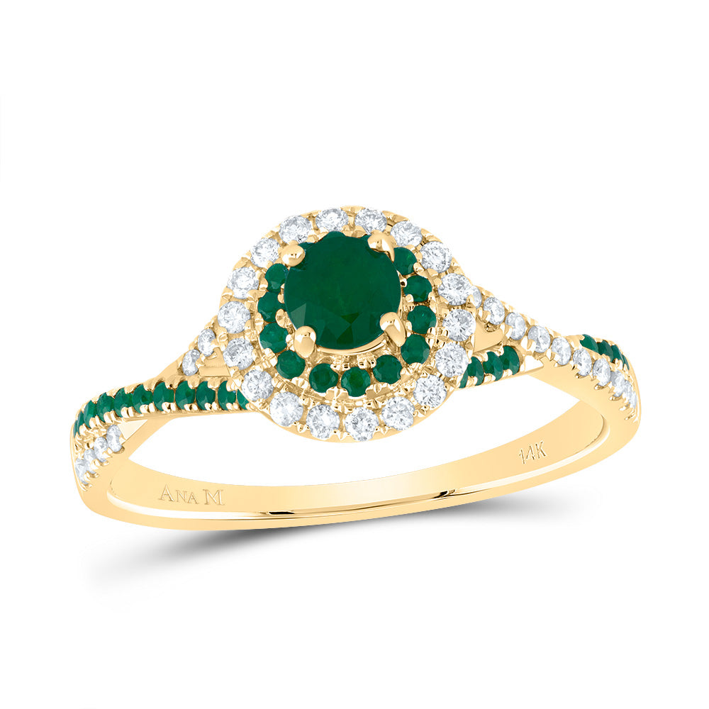14kt Yellow Gold 1/5 Cttw Diamond Ana M and 1/5 Cttw Round Emerald 4mm Round Emerald Natural Gem Double Halo Wedding Engagement Anniversary Bridal Ring, Women Size: 5-9