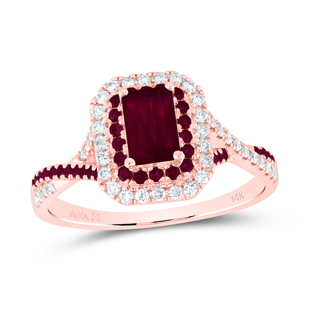14kt Rose Gold 1/5 Cttw Diamond Ana M and 1/5 Cttw Round Ruby 6x4mm Emerald Ruby Natural Gem Double Halo Wedding Engagement Anniversary Bridal Ring, Women Size: 5-9