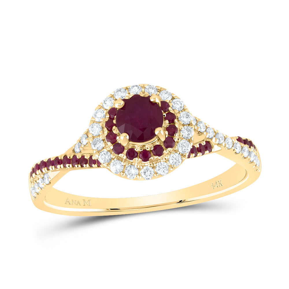 14kt Yellow Gold 1/5 Cttw Diamond Ana M and 1/5 Cttw Round Ruby 4mm Round Ruby Natural Gem Double Halo Wedding Engagement Anniversary Bridal Ring, Women Size: 5-9